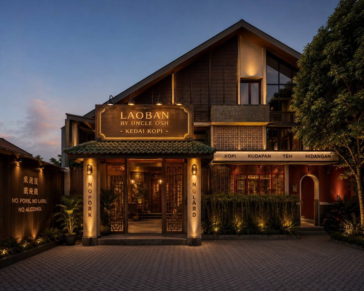 Laoban Kopitiam Mampang — kedai kopi facade at dusk